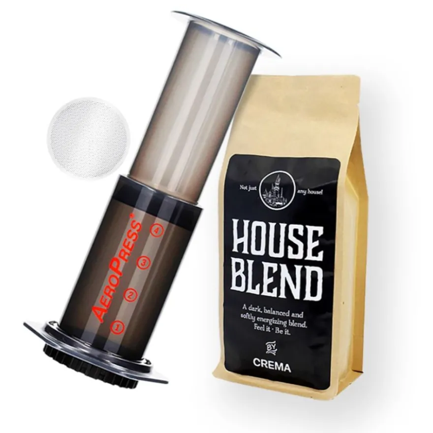 AeroPress kahvinkeitin + metallinen kestosuodatin + Crema House Blend 250 g
