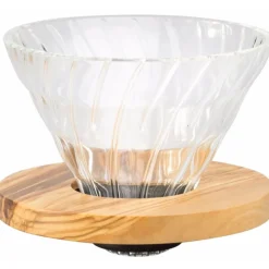 Hario Olive Wood V60 koko 02 lasinen suodatinsuppilo puukauluksella