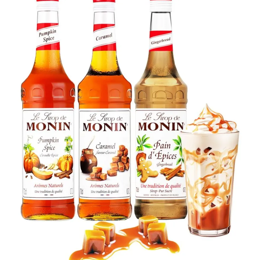 Monin Caramel + Pumpkin Spice + Gingerbread makusiirappisetti 3 x 700 ml