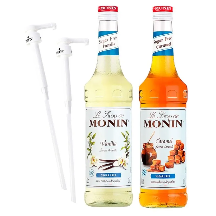 Monin sokeriton Vanille 700 ml + sokeriton Caramel 700 ml + 2 kpl Monin-siirappipumppu